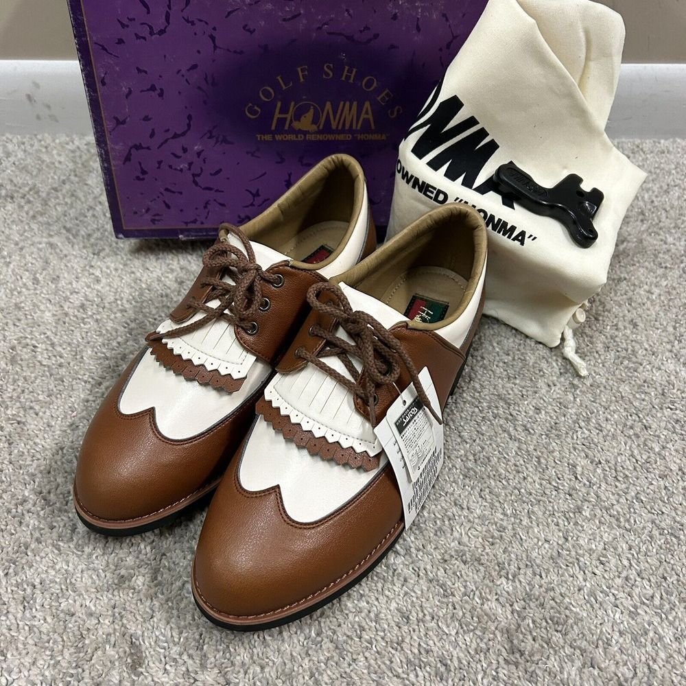 Honma Golf Shoes Women's 8 US 24 Japan White Brown Metal‎ Spikes New in Box